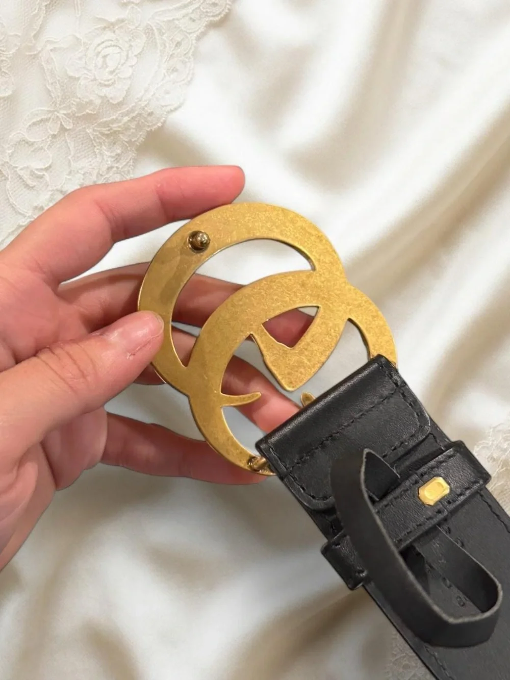 Gucci Black Leather Belt with Gold Pearl Double G Buckle